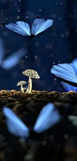 Mystical wallpaper with blue butterflies and glowing mushrooms at night.