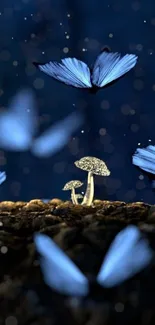 Blue butterflies and mushrooms on a mystical starry night background.