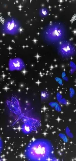 Mystical wallpaper with blue butterflies and starry sky theme.