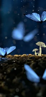 Nighttime scene with butterflies and glowing mushrooms.