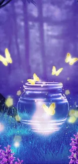 Glowing butterflies hover over a jar in a mystical forest.