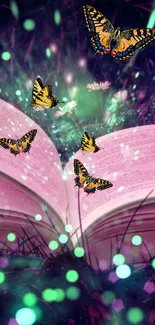 Magical wallpaper with butterflies and an open book surrounded by glowing lights.