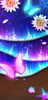 Vibrant fantasy mobile wallpaper with neon butterflies and flowers.