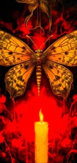 Mystical butterfly with candle and red glow background.