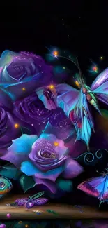 Vibrant butterflies and roses wallpaper with mystical colors.