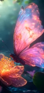 Glowing butterfly rests on vibrant flower in lush, mystical setting.