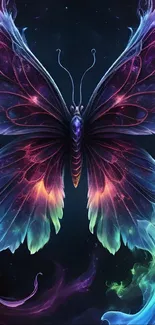 Mystical butterfly with vibrant neon colors on dark background.