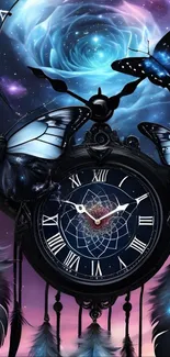 A cosmic themed clock with butterflies and dream-like elements in a mystical setting.