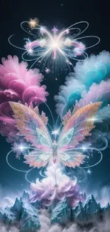 Mystical butterfly with vibrant clouds in dark sky wallpaper.