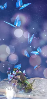 Blue butterflies fluttering above an open book against a mystical dark purple background.
