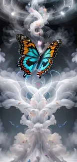 Mystical butterfly in a surreal dreamscape with clouds.