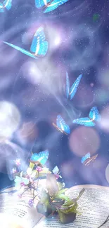 Enchanting wallpaper with blue butterflies flying in a celestial realm.