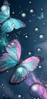 Enchanting mobile wallpaper with butterflies on a dark, starry background.