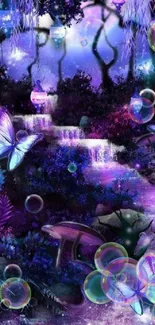 Mystical purple forest with butterflies and glowing lights.