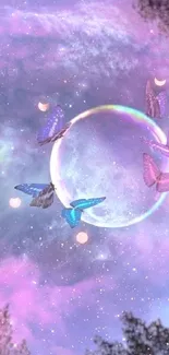 Mystical scene with butterflies around a glowing moon in a purple starry sky.