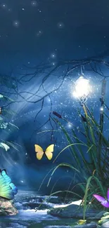 Mystical wallpaper with butterflies in a serene, luminous forest setting.