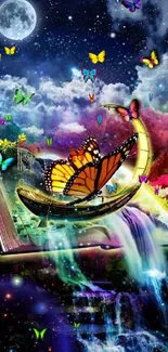 Colorful fantasy wallpaper with butterflies and mystical scenery.