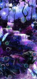 Mystical purple forest with butterflies and glowing lights.