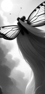 Ethereal figure with butterfly wings soaring in a grayscale sky.