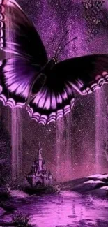 Magical purple butterfly with enchanted castle in fantasy art style.