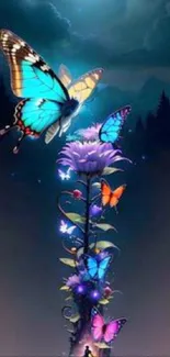 Mystical butterfly and flower night wallpaper with vibrant colors and fantasy elements.