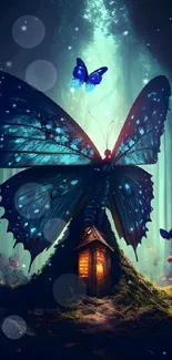 Mystical butterfly on forest house, glowing wings.