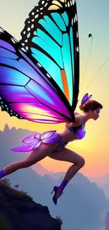 Fantasy woman with butterfly wings in vibrant mountain landscape.