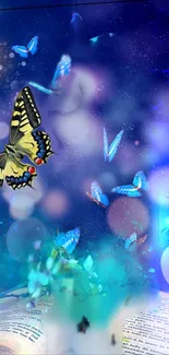 Mystical butterfly fantasy wallpaper with blue hues and glowing ethereal elements.