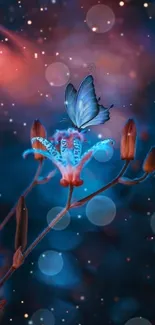 Blue butterfly on a flower with a starry background, vibrant mystical colors.