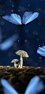 Mystical forest wallpaper with blue butterflies and glowing mushrooms.