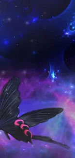 Mystical butterfly against vibrant galaxy backdrop with cosmic colors.