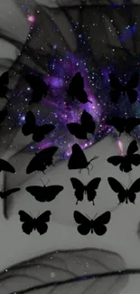 Butterfly silhouettes against a purple galaxy background with stars.