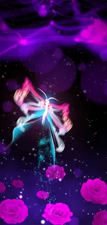 Mystical butterfly and pink roses with a galaxy background on a mobile wallpaper.