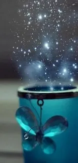 Mystical butterfly glowing over a starry jar.