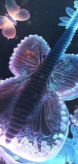 Surreal butterfly guitar glowing with blue and purple hues in a mystical setting.