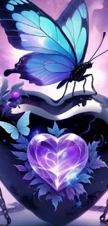 Vivid butterfly on glowing heart crystal wallpaper.