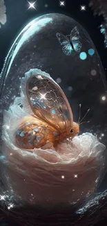 Mystical butterfly inside a glass sphere glowing softly.