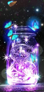 Glowing jar with blue butterflies in a starry night.