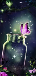 Magical glowing butterfly on jar in forest.