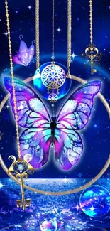 Mystical butterfly with cosmic background and golden keys on mobile wallpaper.