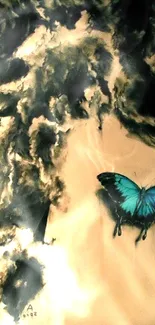 Mystical blue butterfly with artistic background on wallpaper.