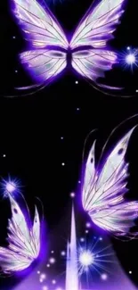 Glowing purple butterflies on cosmic black background wallpaper.