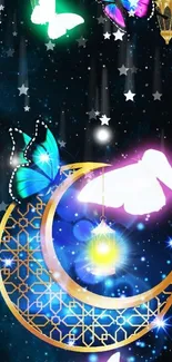 Mystical mobile wallpaper with a crescent moon, butterflies, and glowing lanterns.