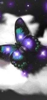 Ethereal night wallpaper with butterfly and purple stars.