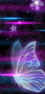 Mystical butterfly art with purple hues on a dark, floral background.