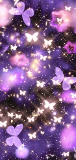 Mystical purple wallpaper with butterflies and stars.