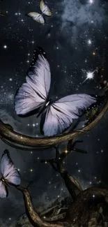 Mystical wallpaper featuring butterflies and a dark starlit night sky.