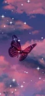 Butterfly flying in a starry purple night sky.