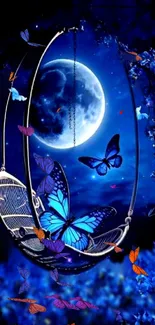 Mystical scene with blue butterflies and moonlit sky.