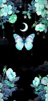 Mystical butterfly and moon with teal flowers at night.